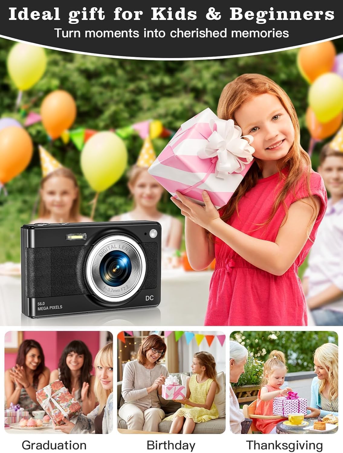 Upgrade Digital Camera, 56MP FHD 1080P Camera for Kids with 16x Zoom Anti Shake, Kid Camera with 32GB TF Card, Two Batteries