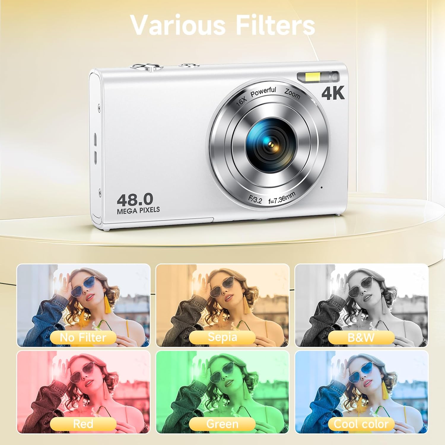 Digital Camera, Autofocus 48MP UHD 4K Vlogging Camera 16X Digital Zoom, Portable Compact Point