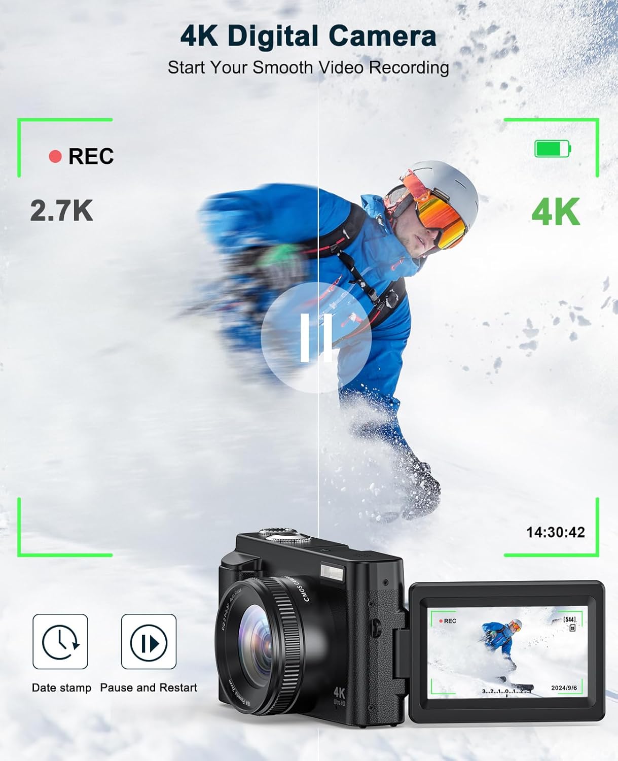 4K Digital Camera for Photography and Video, Autofocus Anti-Shake 48MP Vlogging Camera for YouTube, 3'' 180°Flip Screen Camera with Flash 16X Zoom