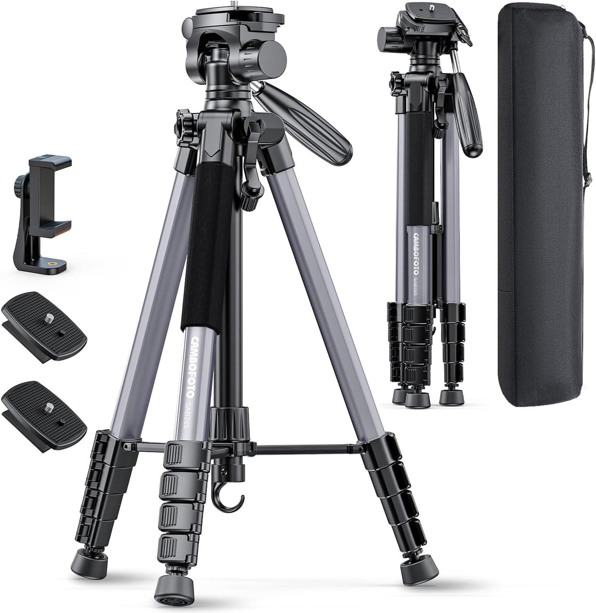 74"-Camera-Tripod, Gray Professional Aluminum Tripod Stand for Mirrorless Camera/DSLR/Cell Phone/Camcorder/GoPro, with Phone Holder and Travel Bag (Gunmetal Gray)