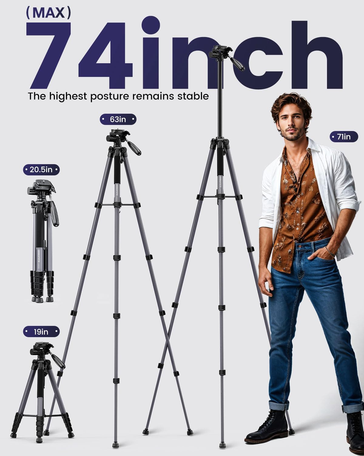 74"-Camera-Tripod, Gray Professional Aluminum Tripod Stand for Mirrorless Camera/DSLR/Cell Phone/Camcorder/GoPro, with Phone Holder and Travel Bag (Gunmetal Gray)