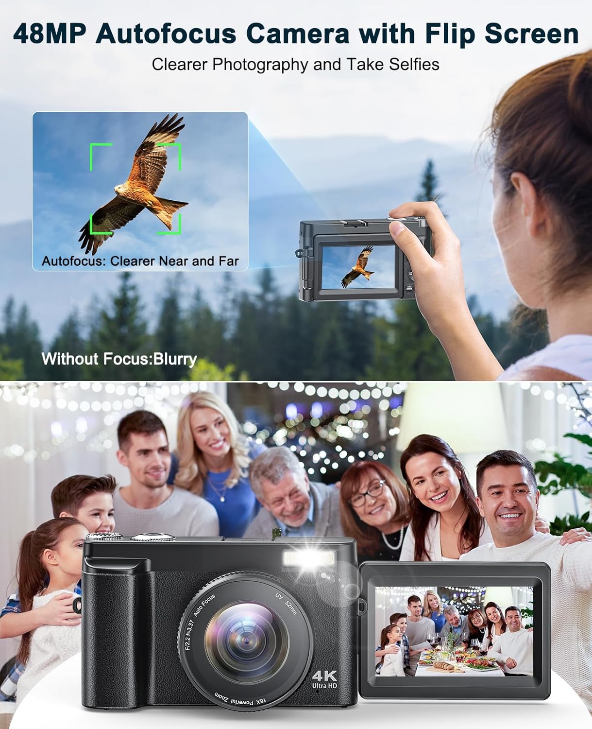 4K Digital Camera for Photography and Video, Autofocus Anti-Shake 48MP Vlogging Camera for YouTube, 3'' 180°Flip Screen Camera with Flash 16X Zoom