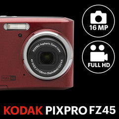 KODAK PIXPRO Friendly Zoom FZ45-RD 16MP Digital Camera with 4X Optical Zoom 27mm Wide Angle and 2.7" LCD Screen (Red)