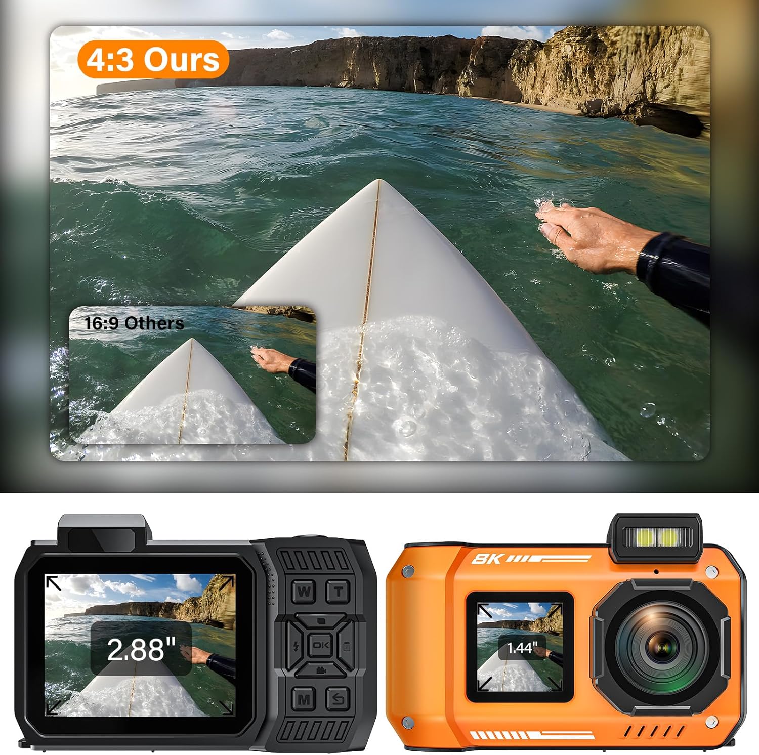 8K UHD 70MP Digital Camera with 32GB Card Rugged Waterproof Dustproof Shockproof 33FT Underwater Camera Dual-Screen