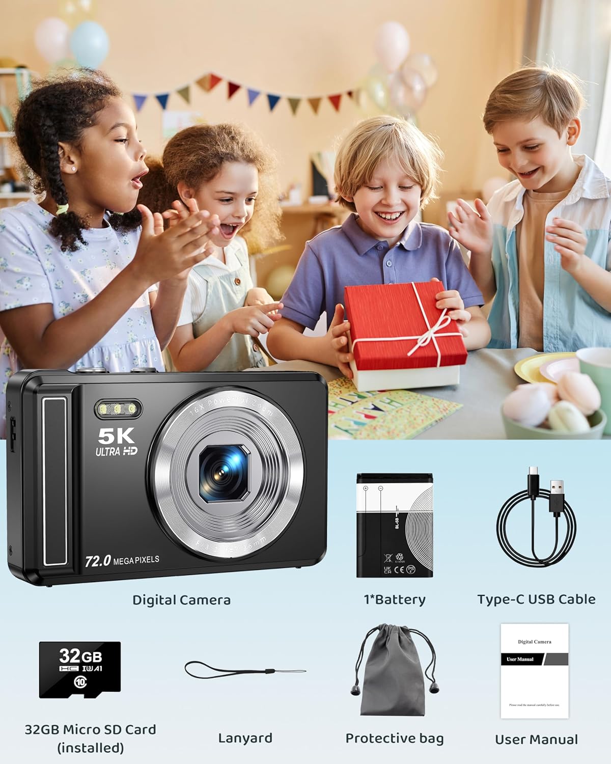 5K Digital Camera - 72MP UHD Digital Cameras for Photography - Autofocus Point and Shoot Small Camera with Flash for Kids