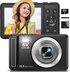 5K Digital Camera - 72MP UHD Digital Cameras for Photography - Autofocus Point and Shoot Small Camera with Flash for Kids