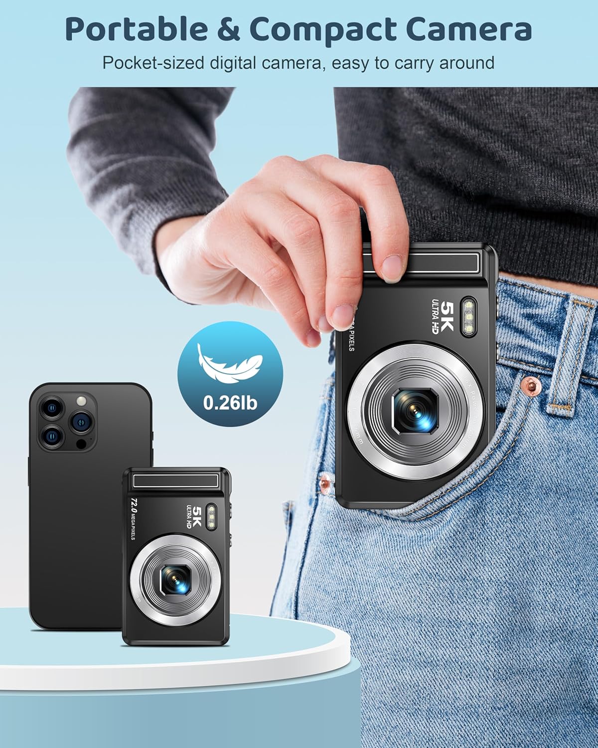 5K Digital Camera - 72MP UHD Digital Cameras for Photography - Autofocus Point and Shoot Small Camera with Flash for Kids